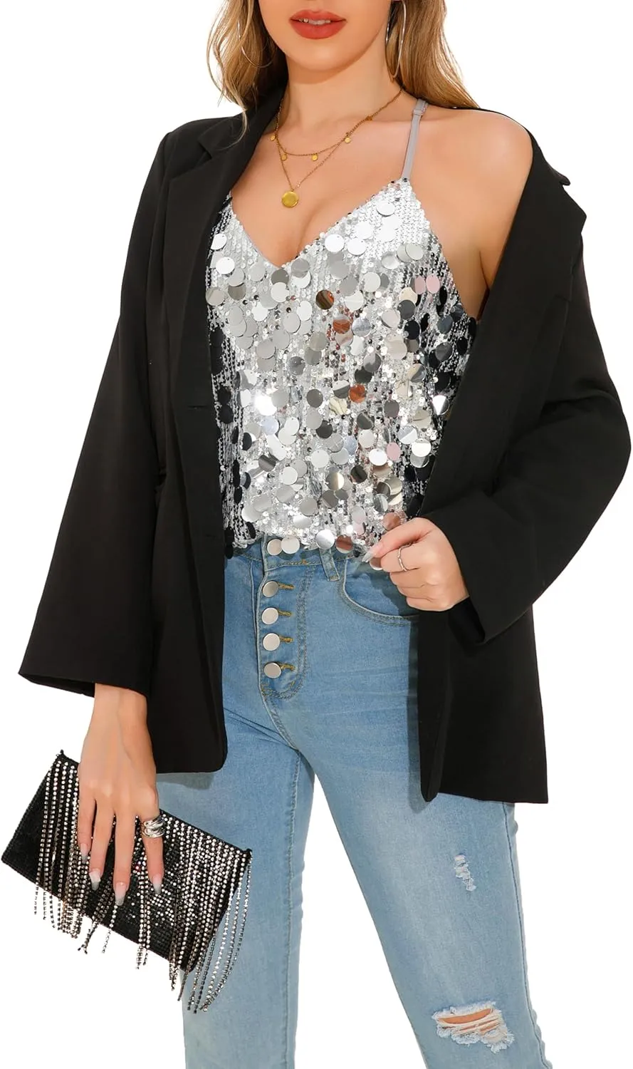 GUANYY Sequin Tops for Women Sparkly Strappy Tank Tops Sexy V Neck Top Concert Outfits Party Disco Club Night