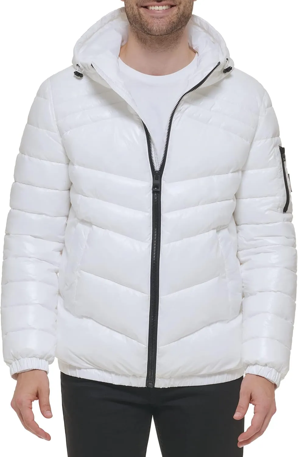 GUESS Men's Mid-Weight Puffer Jacket with Removable Hood