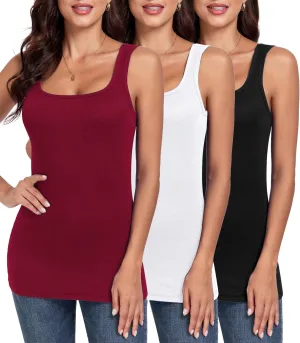 H HIAMIGOS Ribbed Square Neck Tops for Women Sleeveless Long Camisole Layering Undershirts 3Packs