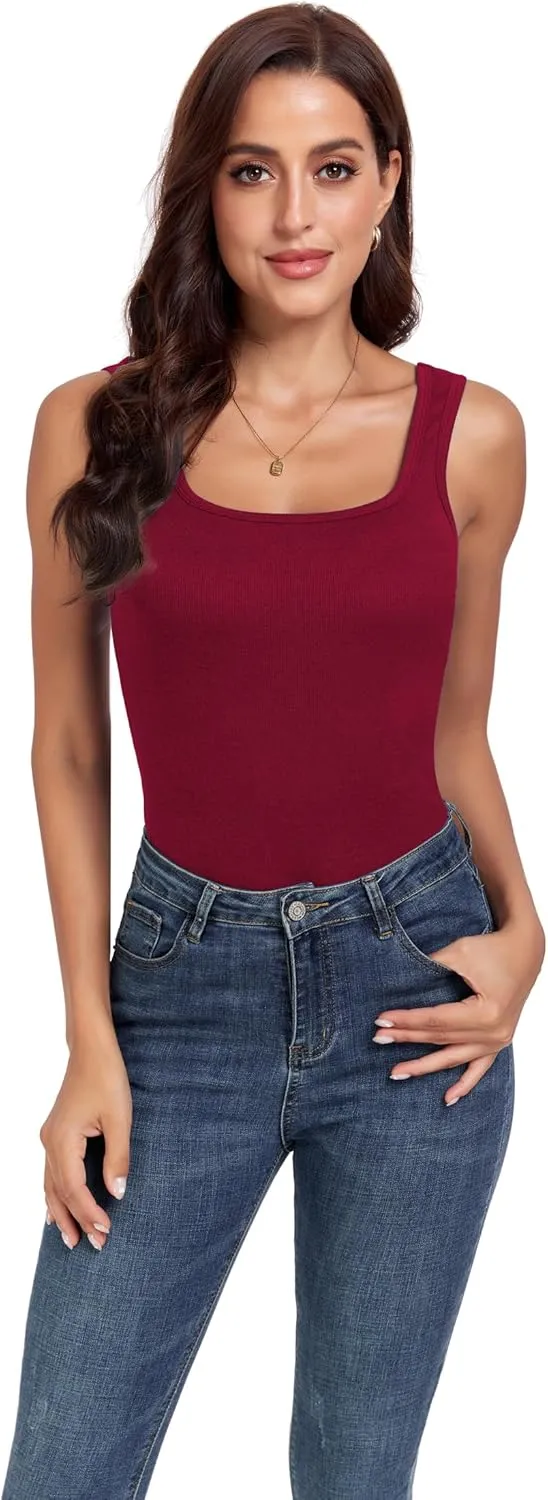 H HIAMIGOS Ribbed Square Neck Tops for Women Sleeveless Long Camisole Layering Undershirts 3Packs