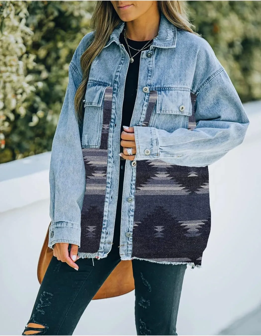 Haellun Women's Aztec Shacket Distressed Lapel Long Sleeve Button Down Jean Denim Jacket Coat