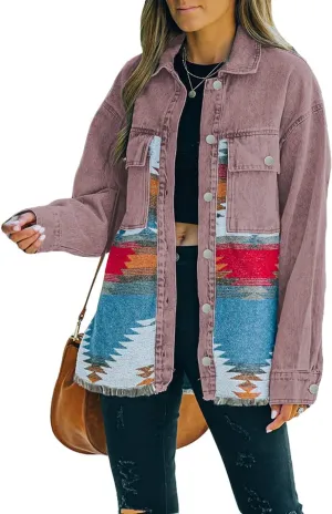 Haellun Women's Aztec Shacket Distressed Lapel Long Sleeve Button Down Jean Denim Jacket Coat