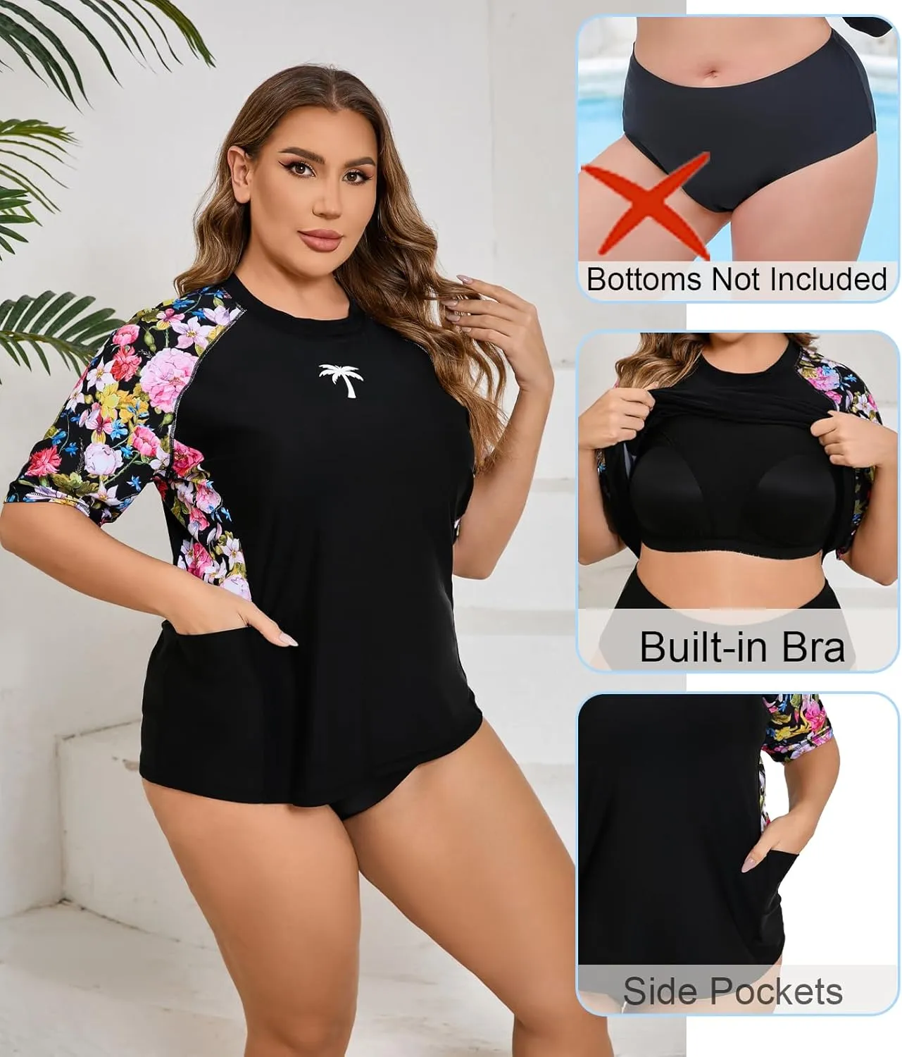 Halcurt Women's Plus Size Short Sleeve Rash Guard Top with Built in Bra Side Pockets UPF50  Swim Shirts
