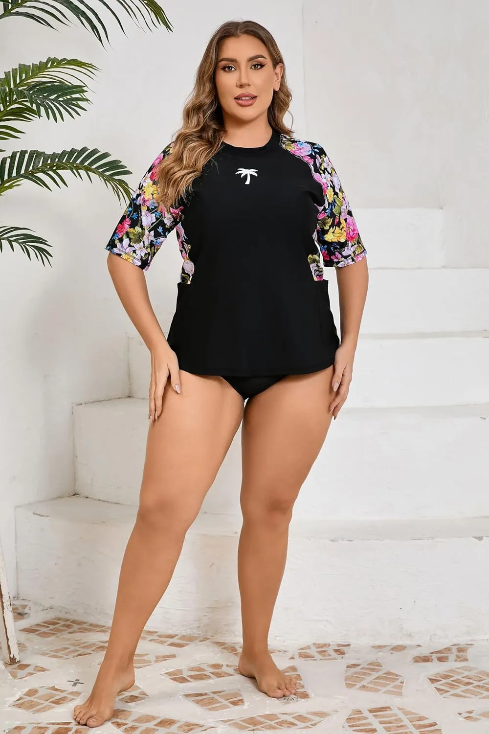Halcurt Women's Plus Size Short Sleeve Rash Guard Top with Built in Bra Side Pockets UPF50  Swim Shirts