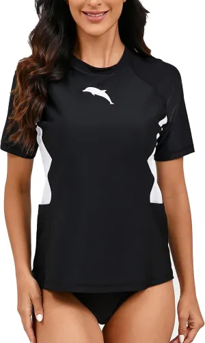 Halcurt Women's Short Sleeve Rash Guard Top with Built in Bra Side Pockets Swim Shirts UPF50  Swimsuit