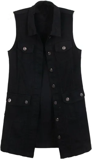 HALITOSS Women Button Down Mid Long Denim Jean Vest Waistcoat Sleeveless Jacket