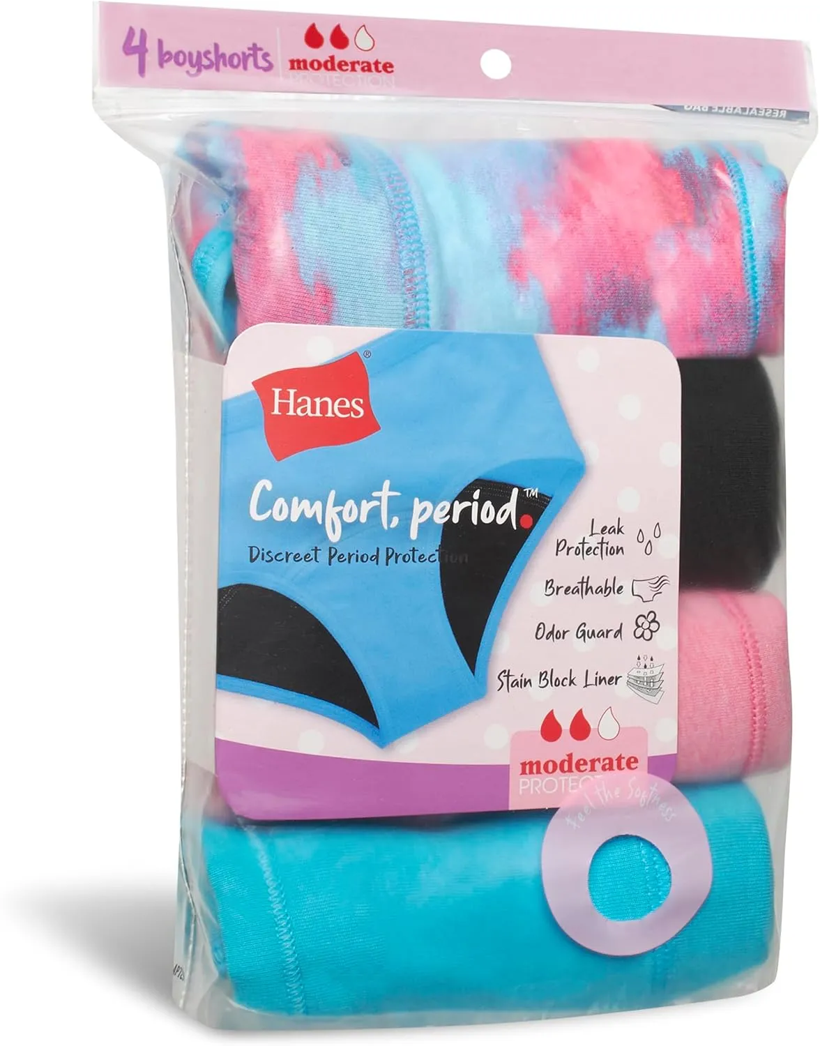 Hanes Girls' Comfort, Period. Boys'hort & Hipster Period Underwear, Moderate Protection, Multi-Pack
