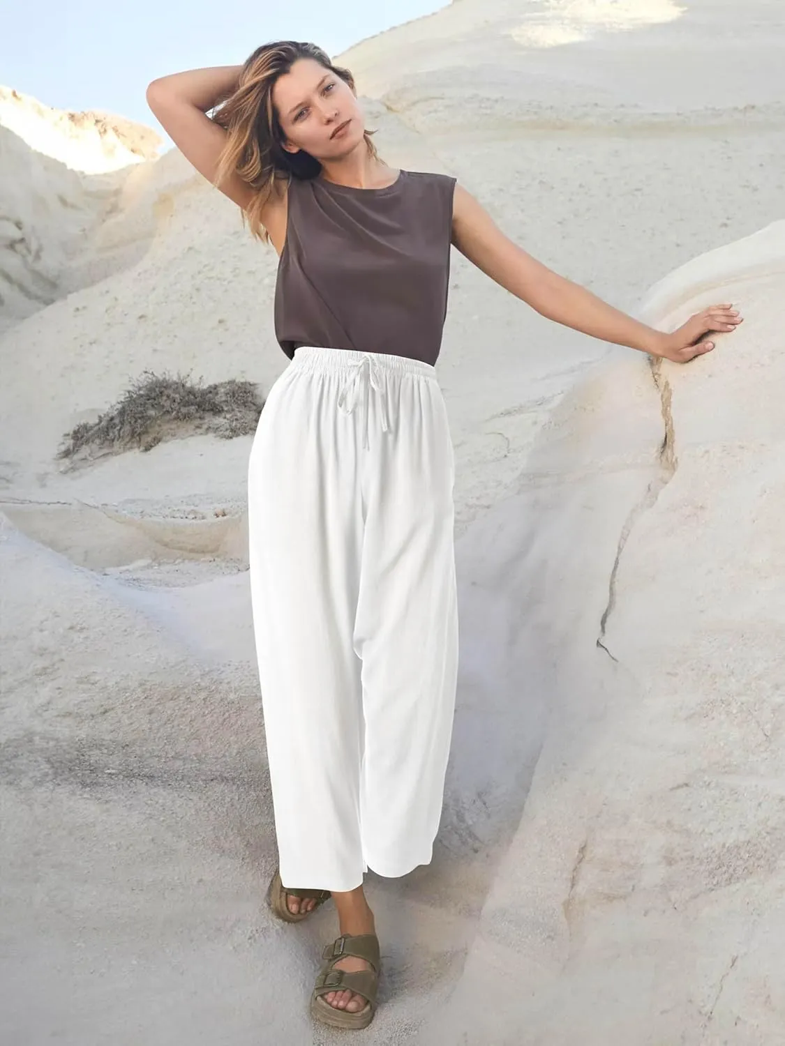 Hat and Beyond Womens Everyday Linen Pants Capri Casual Wide Leg Loose FIt High Waist Crop Trousers