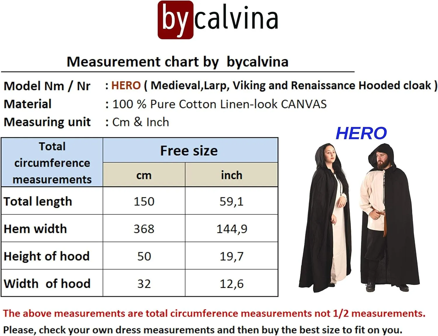 Hero Medieval Hooded Cape by CALVINA Costumes  Unisex - Made in Turkey