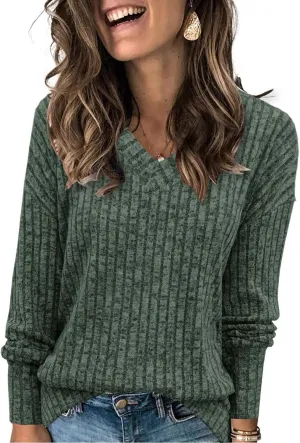 Heymiss Womens Sweatshirts V Neck Long Sleeve Shirts Loose Casual Fall Fashion Sweaters S-2XL