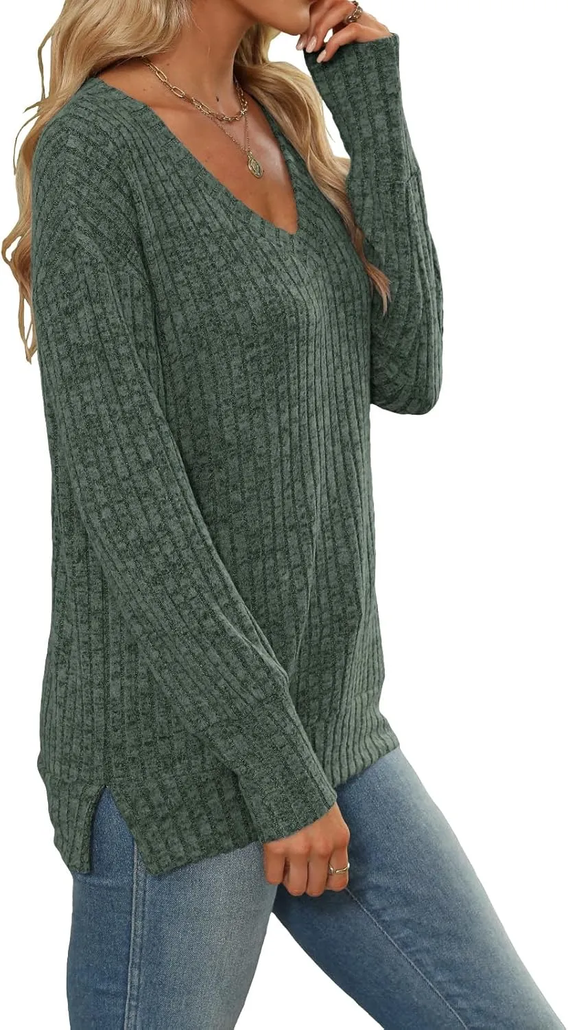Heymiss Womens Sweatshirts V Neck Long Sleeve Shirts Loose Casual Fall Fashion Sweaters S-2XL
