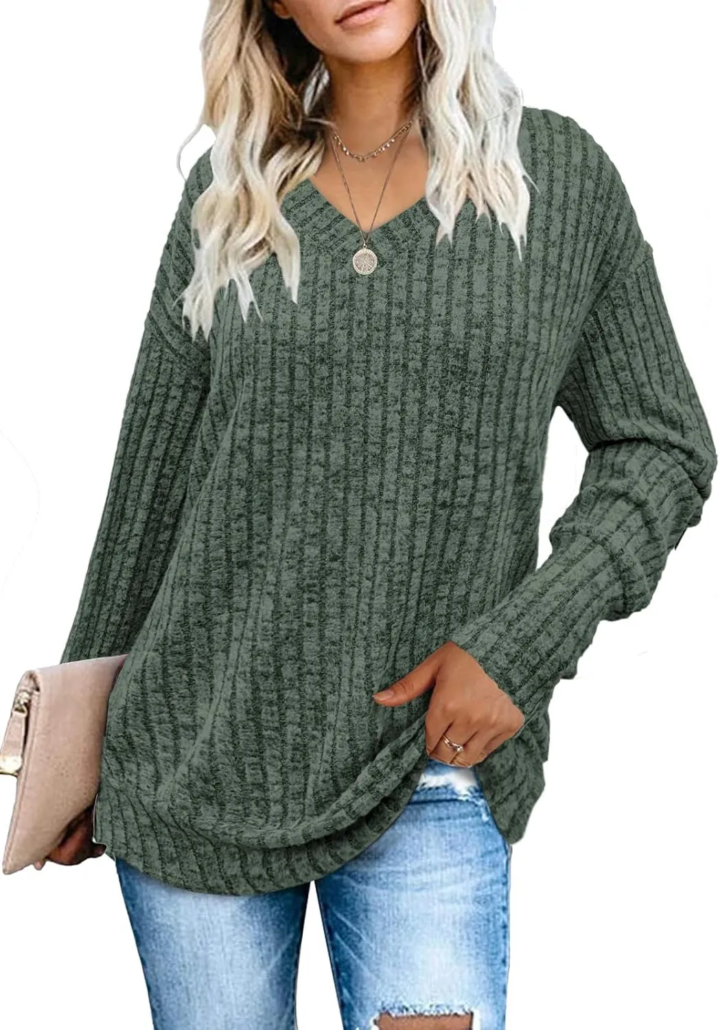 Heymiss Womens Sweatshirts V Neck Long Sleeve Shirts Loose Casual Fall Fashion Sweaters S-2XL