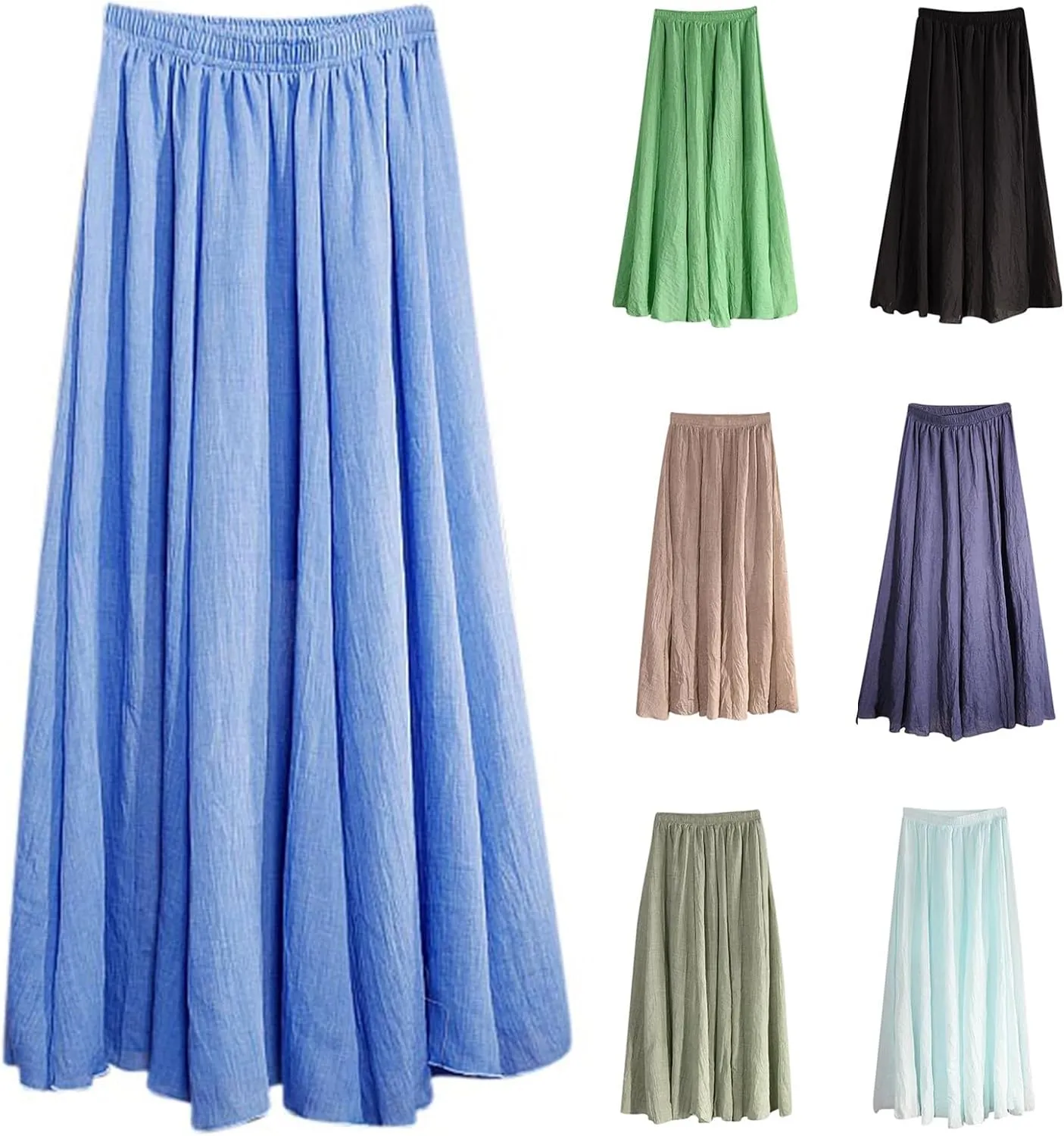 HGps8w Cotton Linen Maxi Skirt for Women - Casual Comfy Elastic Waiste Versatile Solid Color Ankle Length Skirts