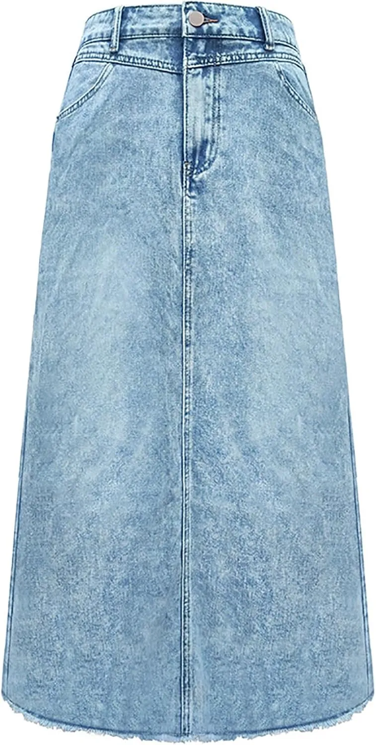 HGps8w Women's Denim Maxi Skirt - High Waisted Retro Versatile A-line Streetwear Long Skirt with Pockets