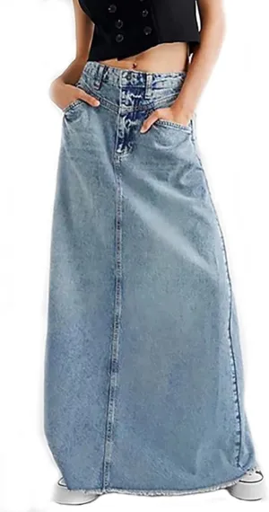 HGps8w Women's Denim Maxi Skirt - High Waisted Retro Versatile A-line Streetwear Long Skirt with Pockets
