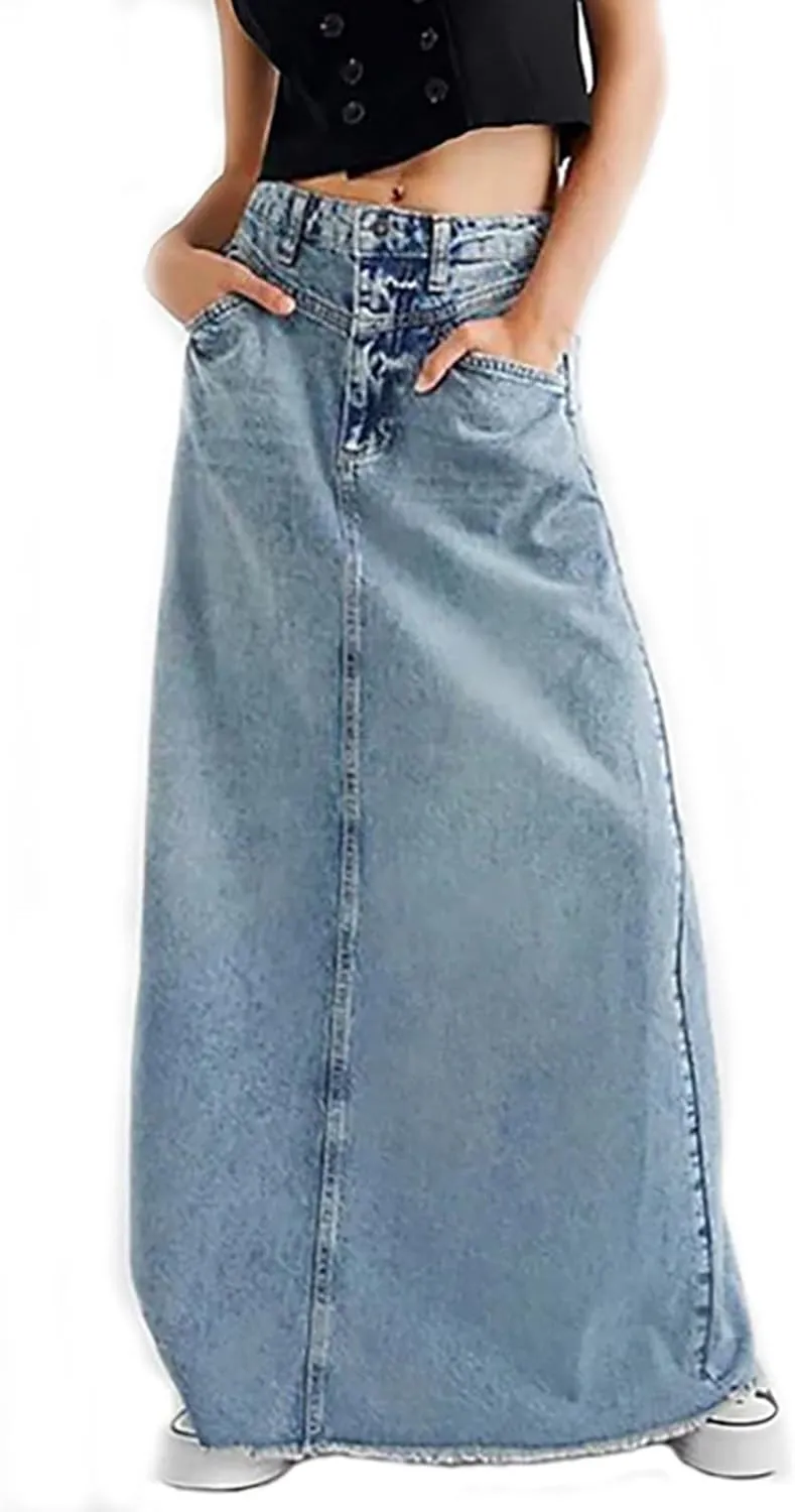 HGps8w Women's Denim Maxi Skirt - High Waisted Retro Versatile A-line Streetwear Long Skirt with Pockets