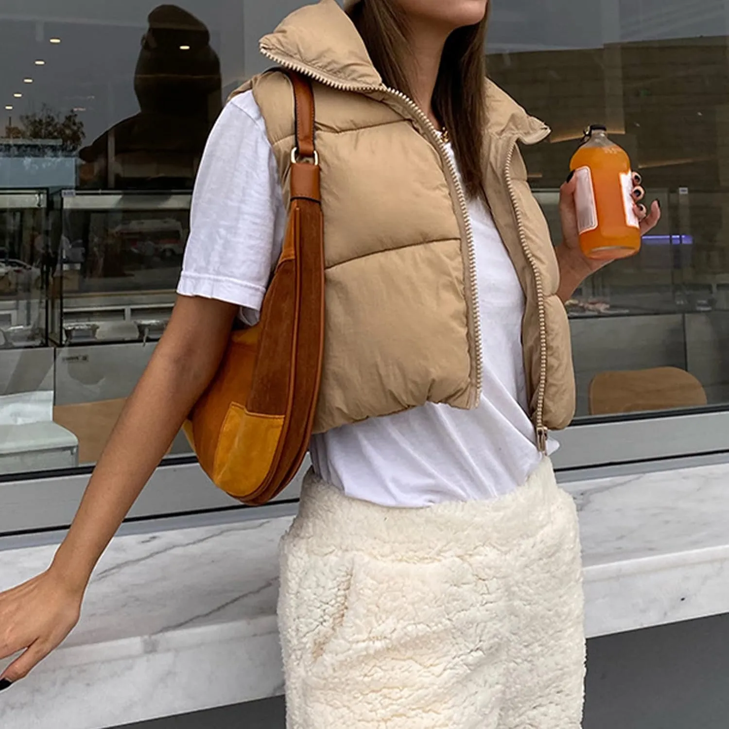 Hixiaohe Women's Winter Crop Vest Puffer Lightweight Stand Collar Padded Vest Zip Up Sleeveless Jacket