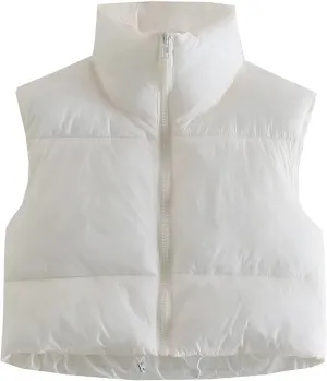 Hixiaohe Women's Winter Crop Vest Puffer Lightweight Stand Collar Padded Vest Zip Up Sleeveless Jacket