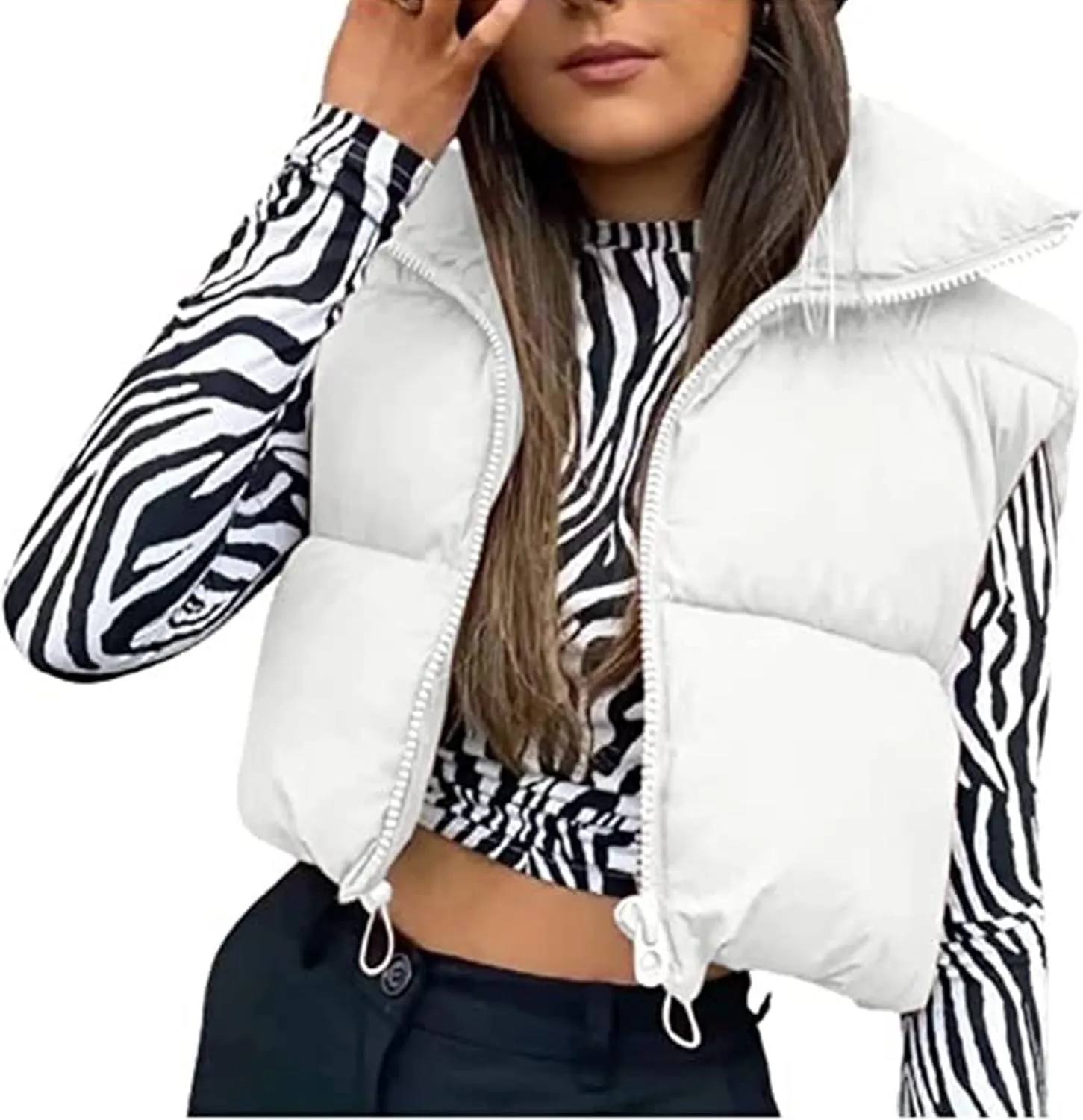 Hixiaohe Women's Winter Crop Vest Puffer Lightweight Stand Collar Padded Vest Zip Up Sleeveless Jacket