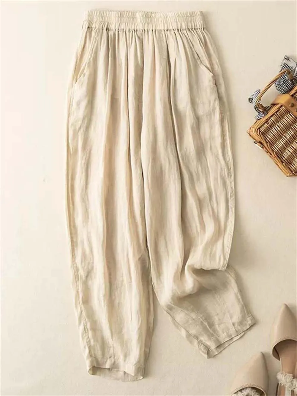 Hndudnff Women Double Layers Harem Pants Summer Casual Loose Solid Cotton Trousers Pantalon