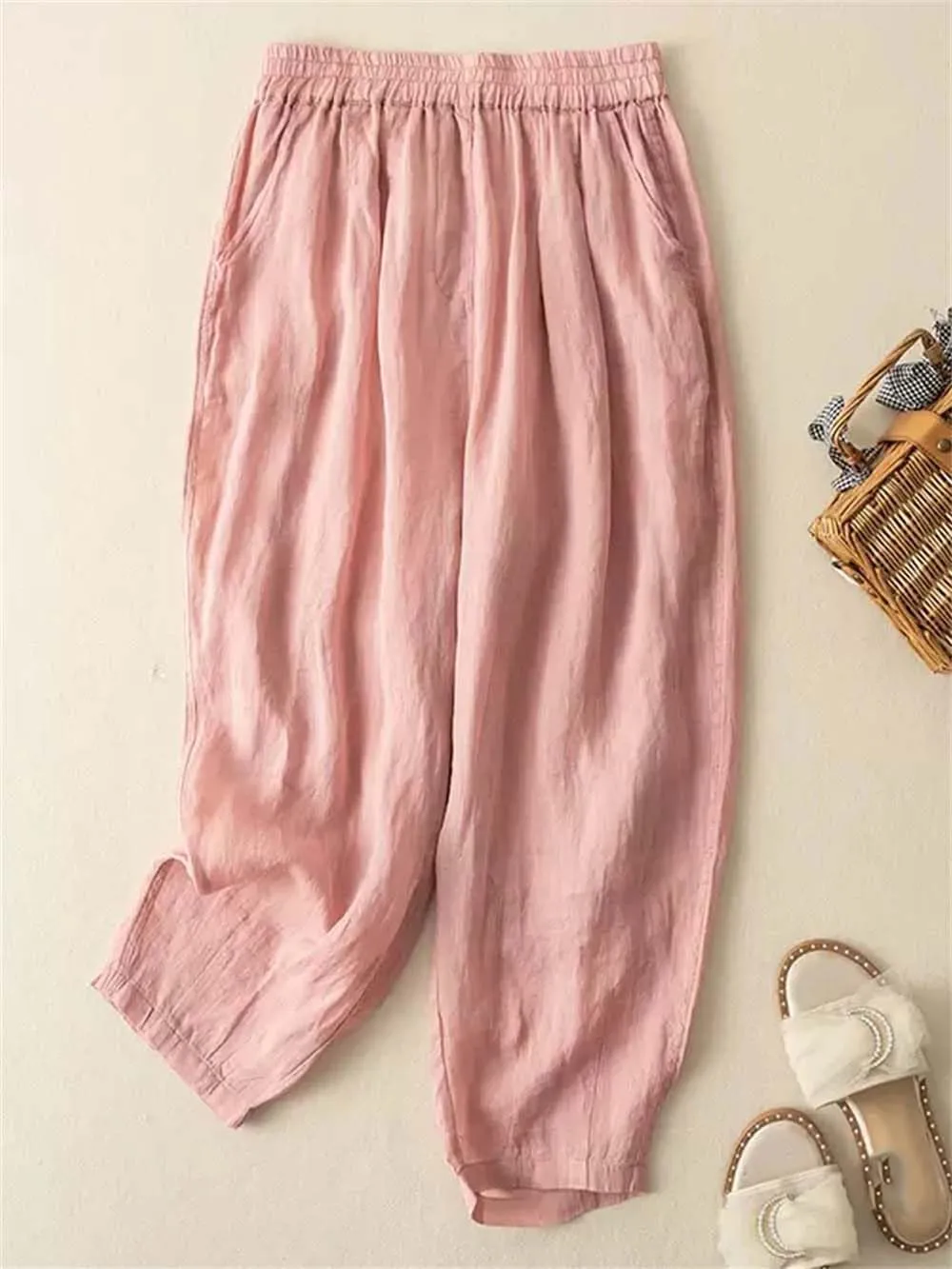Hndudnff Women Double Layers Harem Pants Summer Casual Loose Solid Cotton Trousers Pantalon