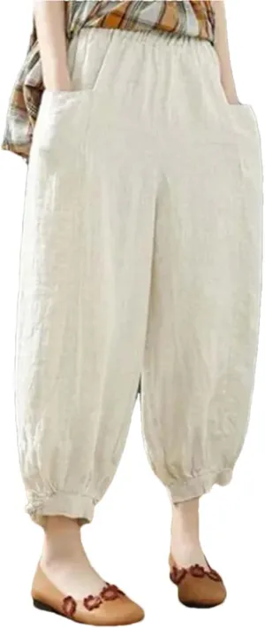 Hndudnff Women Summer Ankle-Length Pants Casual Loose Pocket Elastic Waist Harem Pants with Pockets