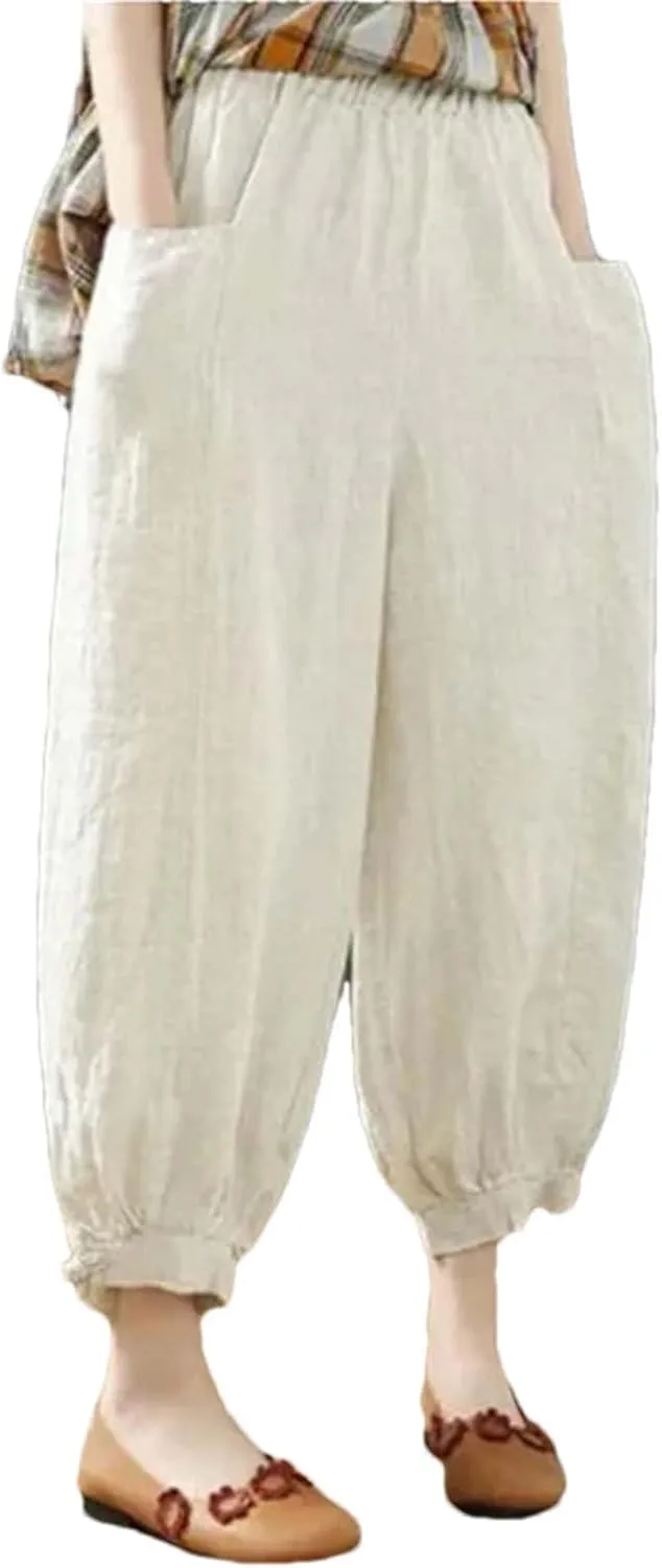 Hndudnff Women Summer Ankle-Length Pants Casual Loose Pocket Elastic Waist Harem Pants with Pockets