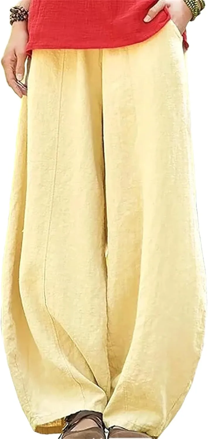 Hndudnff Womens Summer Loose-Fitting Wide Leg Bloomers Harem Pant Solid High Waisted Cotton Trousers