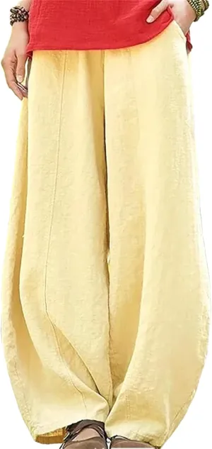 Hndudnff Womens Summer Loose-Fitting Wide Leg Bloomers Harem Pant Solid High Waisted Cotton Trousers