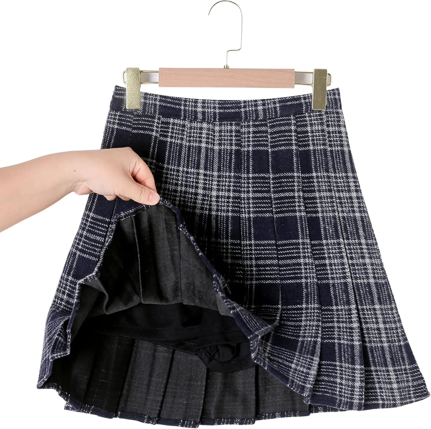 Hoerev Women Girls Thick Wool Fabric for Cold Weather Versatile Plaid Pleated Skirt with Shorts