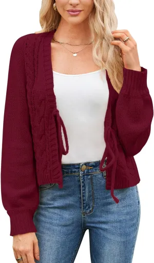 Honwenle Women's Cardigan Sweaters Sprint Oversized Open Front Tie Long Sleeve Short Cardigans Knit Outerwear Fall Outfits