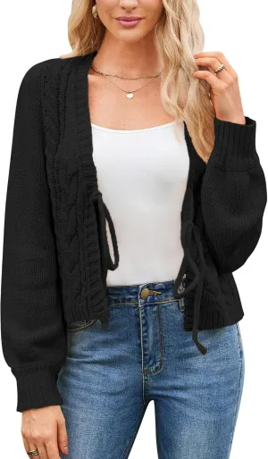 Honwenle Women's Cardigan Sweaters Sprint Oversized Open Front Tie Long Sleeve Short Cardigans Knit Outerwear Fall Outfits