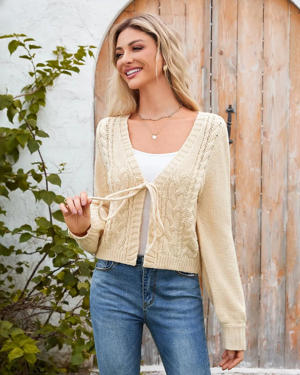 Honwenle Women's Cardigan Sweaters Sprint Oversized Open Front Tie Long Sleeve Short Cardigans Knit Outerwear Fall Outfits
