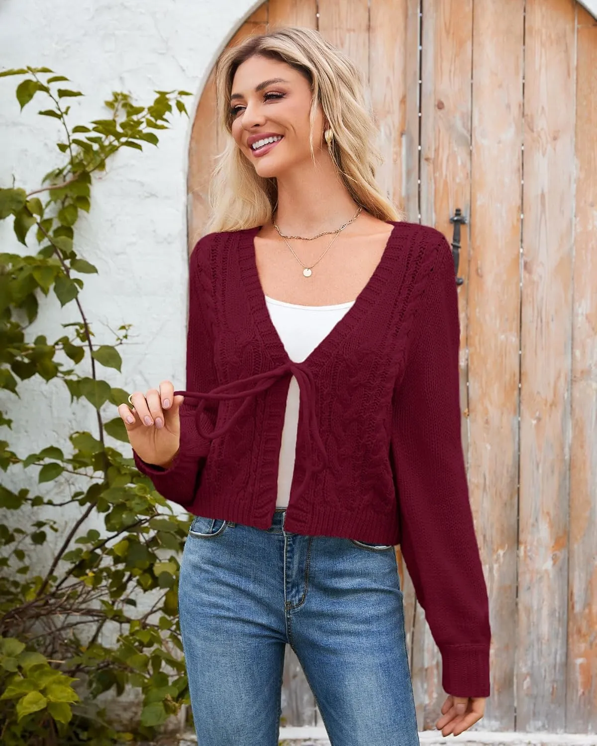 Honwenle Women's Cardigan Sweaters Sprint Oversized Open Front Tie Long Sleeve Short Cardigans Knit Outerwear Fall Outfits