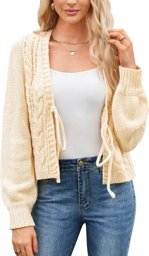 Honwenle Women's Cardigan Sweaters Sprint Oversized Open Front Tie Long Sleeve Short Cardigans Knit Outerwear Fall Outfits