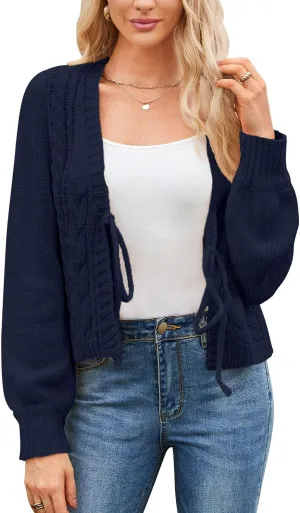 Honwenle Women's Cardigan Sweaters Sprint Oversized Open Front Tie Long Sleeve Short Cardigans Knit Outerwear Fall Outfits