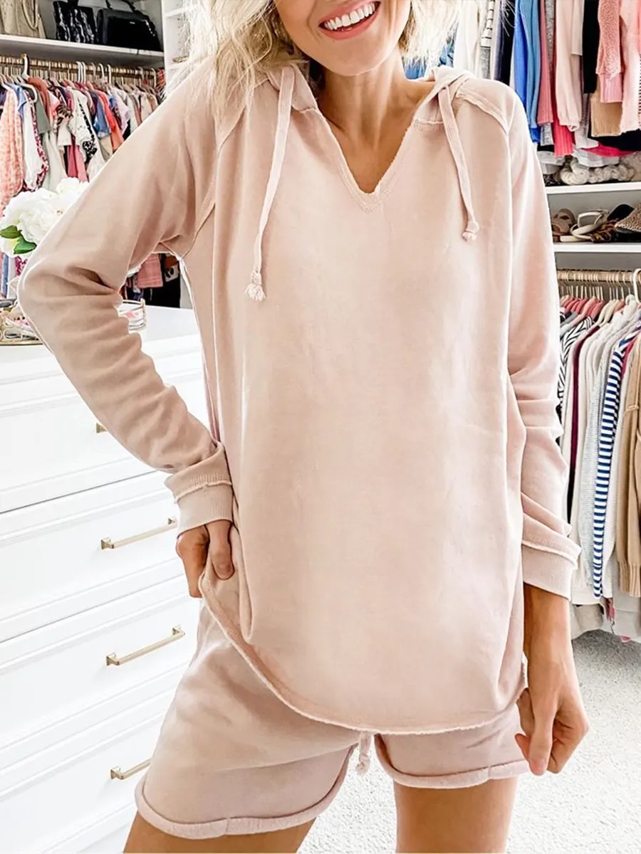 Hooded Casual Solid Color Suit
