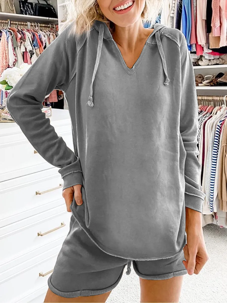 Hooded Casual Solid Color Suit