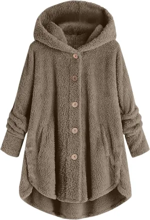 Hooded Fleece Jacket Women Plus Size Fuzzy Sherpa Cape Coats Fluffy Button Down Winter Jackets Fur Cardigan