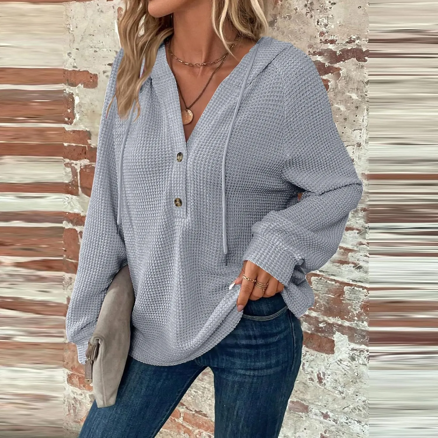 Hoodies for Women Waffle Knit Drawstring Button V Neck Pullover Sweatshirts Fall Sweaters Loose Fit Long Sleeve Tops