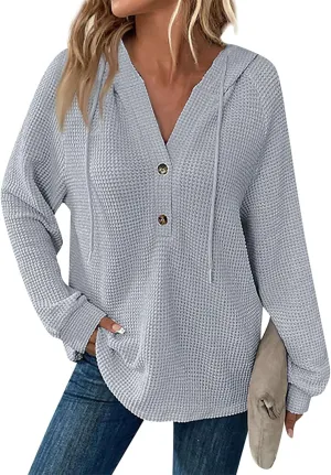 Hoodies for Women Waffle Knit Drawstring Button V Neck Pullover Sweatshirts Fall Sweaters Loose Fit Long Sleeve Tops