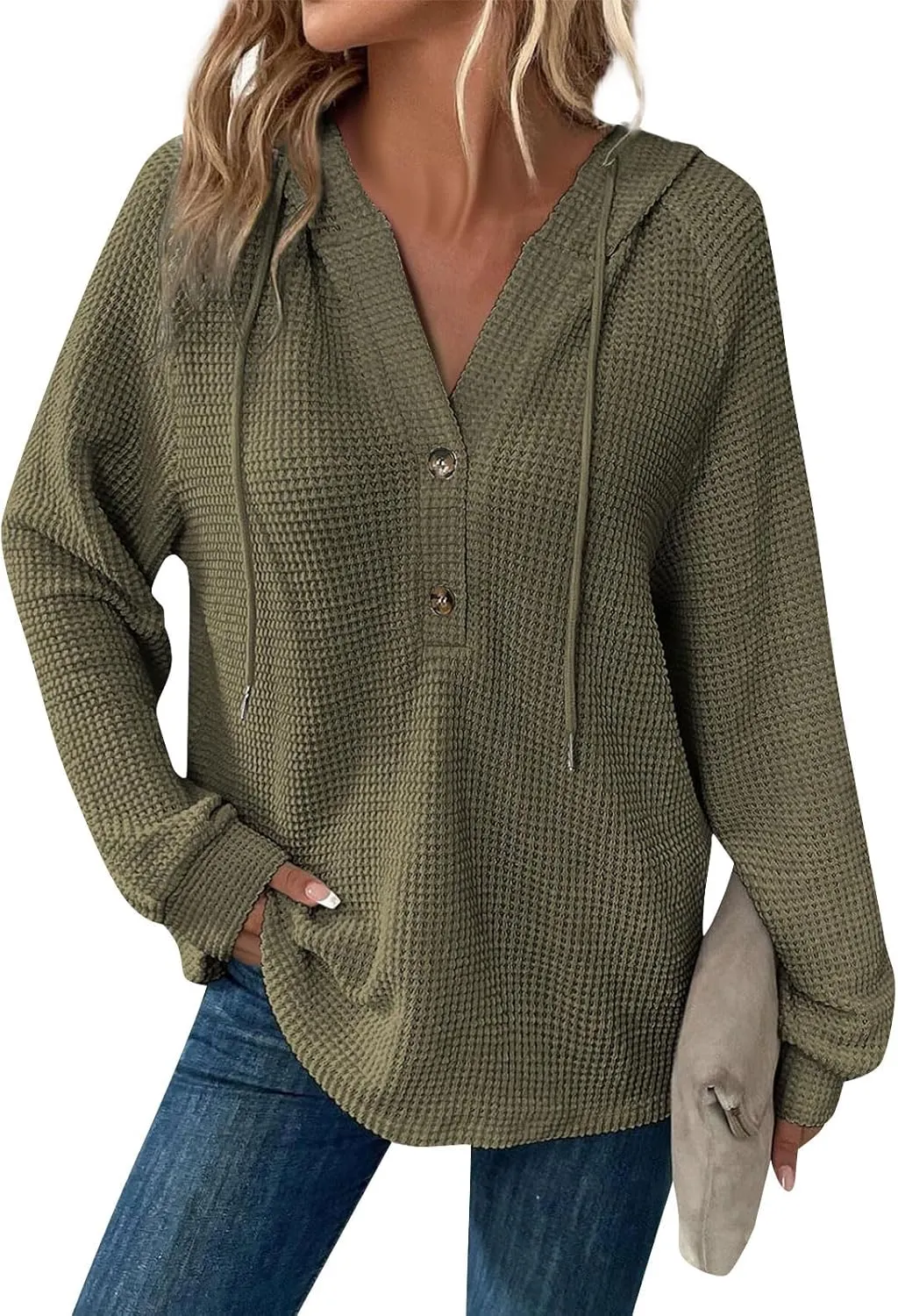 Hoodies for Women Waffle Knit Drawstring Button V Neck Pullover Sweatshirts Fall Sweaters Loose Fit Long Sleeve Tops