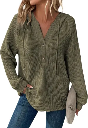 Hoodies for Women Waffle Knit Drawstring Button V Neck Pullover Sweatshirts Fall Sweaters Loose Fit Long Sleeve Tops