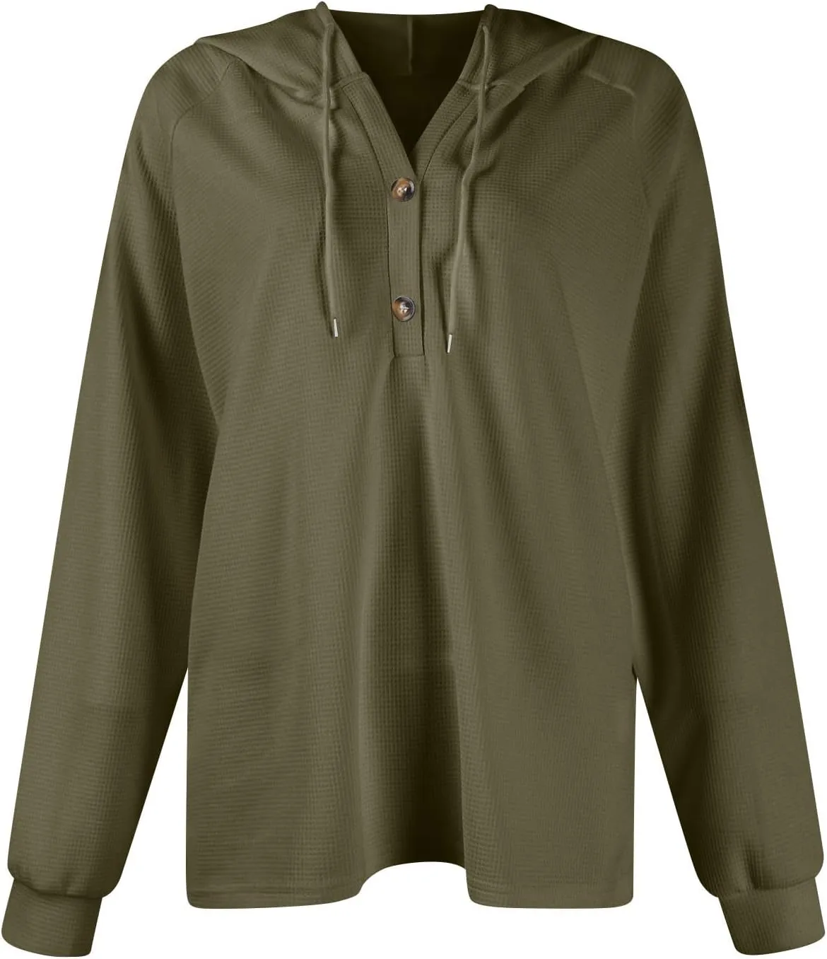 Hoodies for Women Waffle Knit Drawstring Button V Neck Pullover Sweatshirts Fall Sweaters Loose Fit Long Sleeve Tops