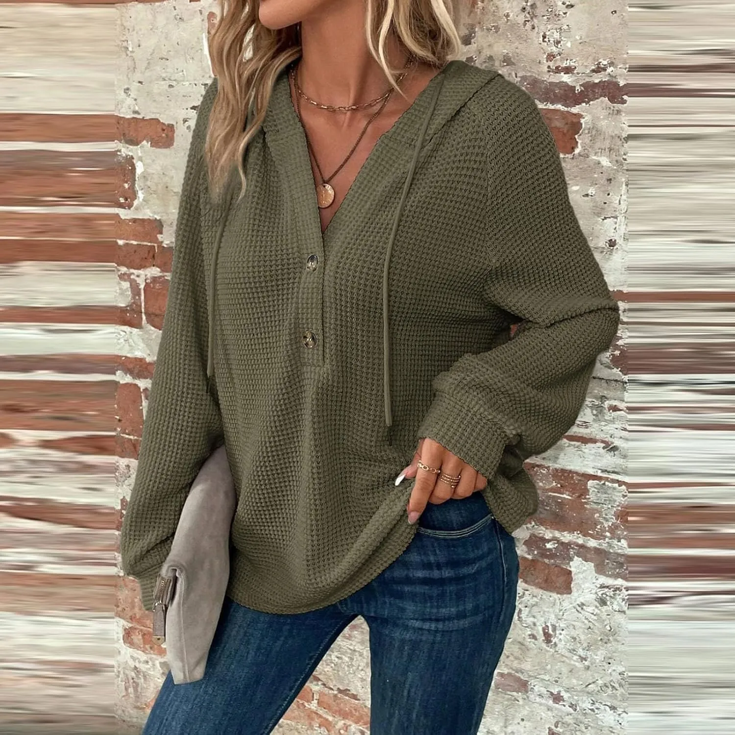 Hoodies for Women Waffle Knit Drawstring Button V Neck Pullover Sweatshirts Fall Sweaters Loose Fit Long Sleeve Tops