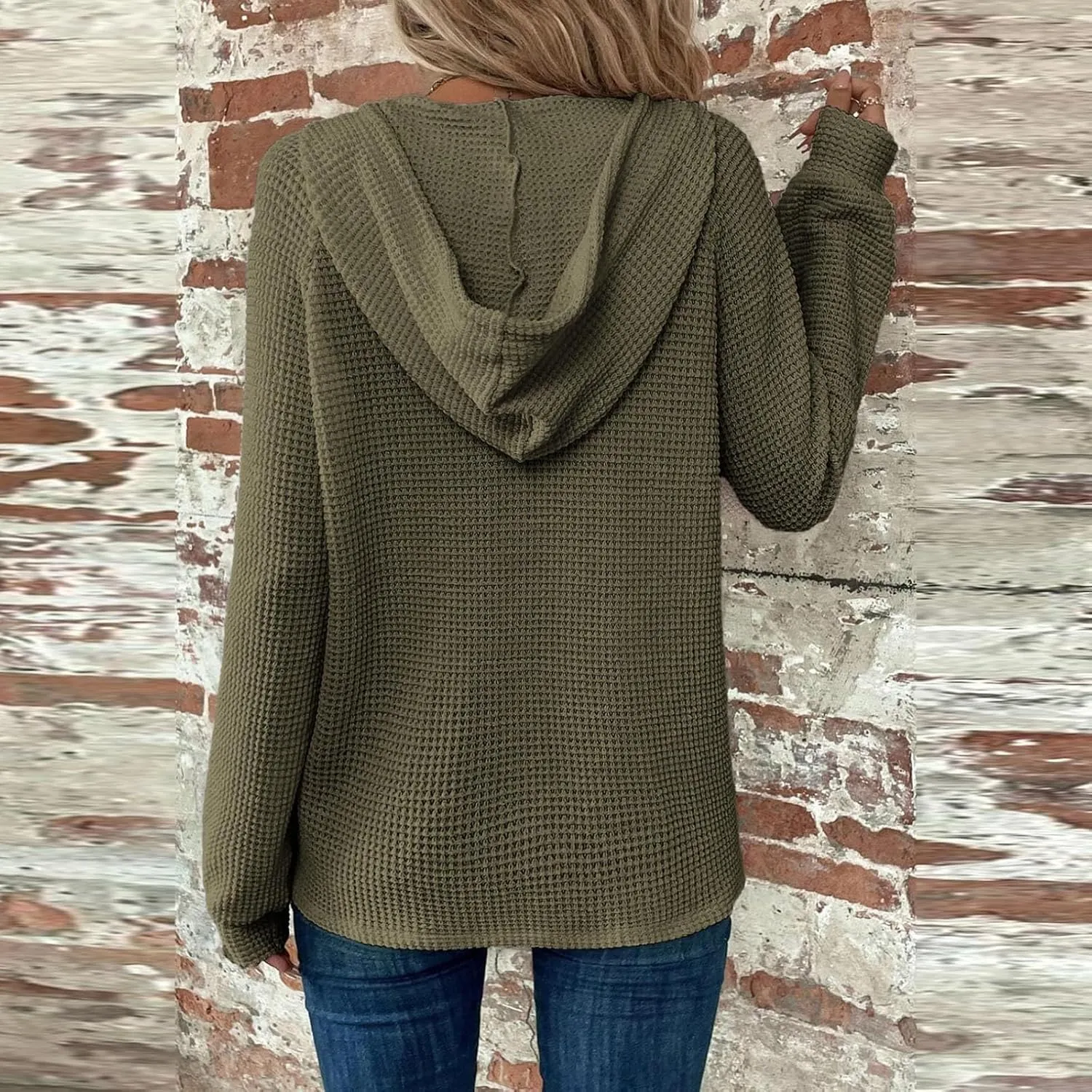 Hoodies for Women Waffle Knit Drawstring Button V Neck Pullover Sweatshirts Fall Sweaters Loose Fit Long Sleeve Tops