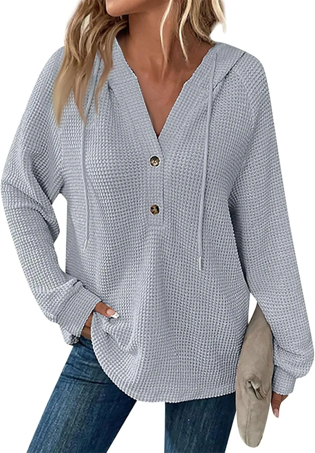 Hoodies for Women Waffle Knit Drawstring Button V Neck Pullover Sweatshirts Fall Sweaters Loose Fit Long Sleeve Tops