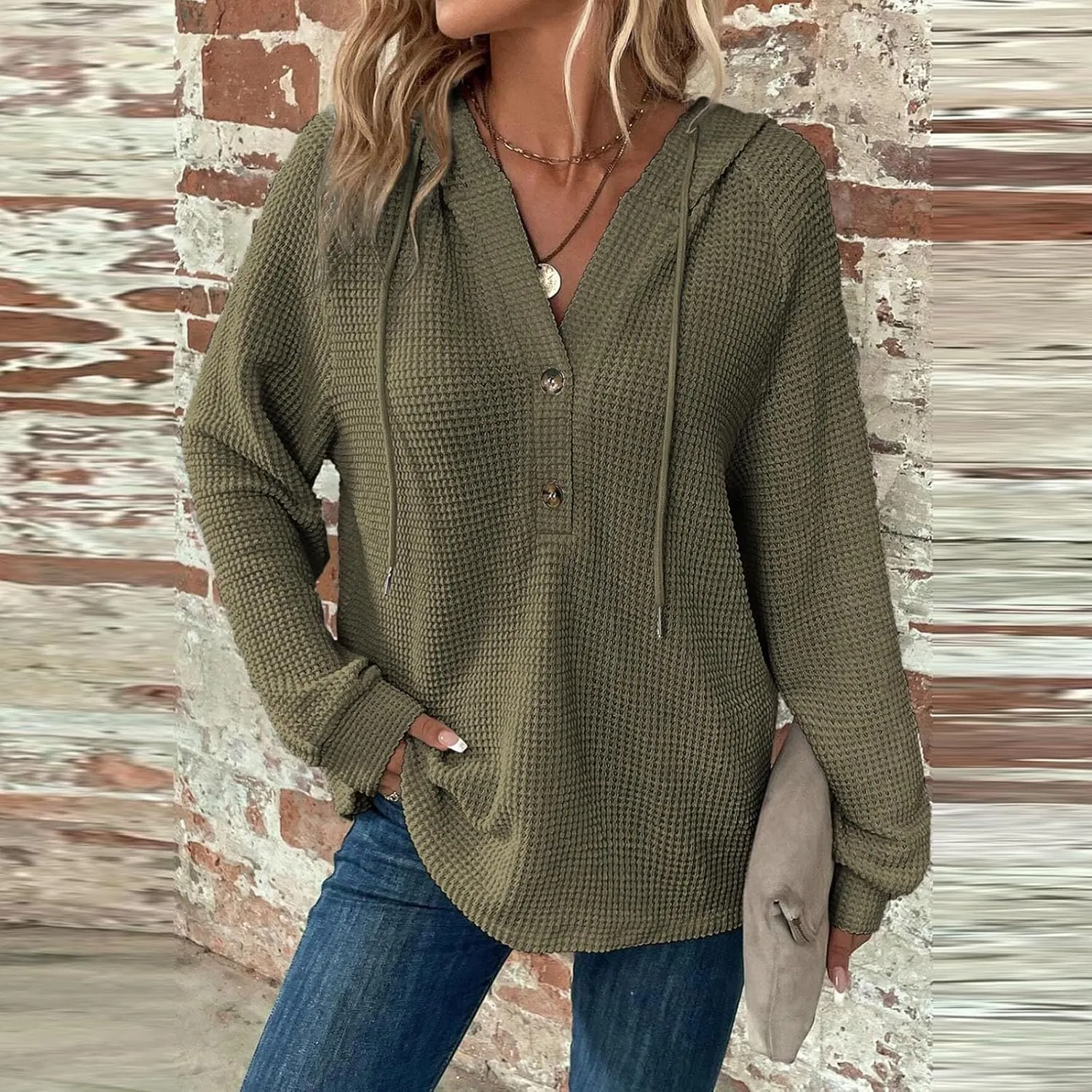 Hoodies for Women Waffle Knit Drawstring Button V Neck Pullover Sweatshirts Fall Sweaters Loose Fit Long Sleeve Tops