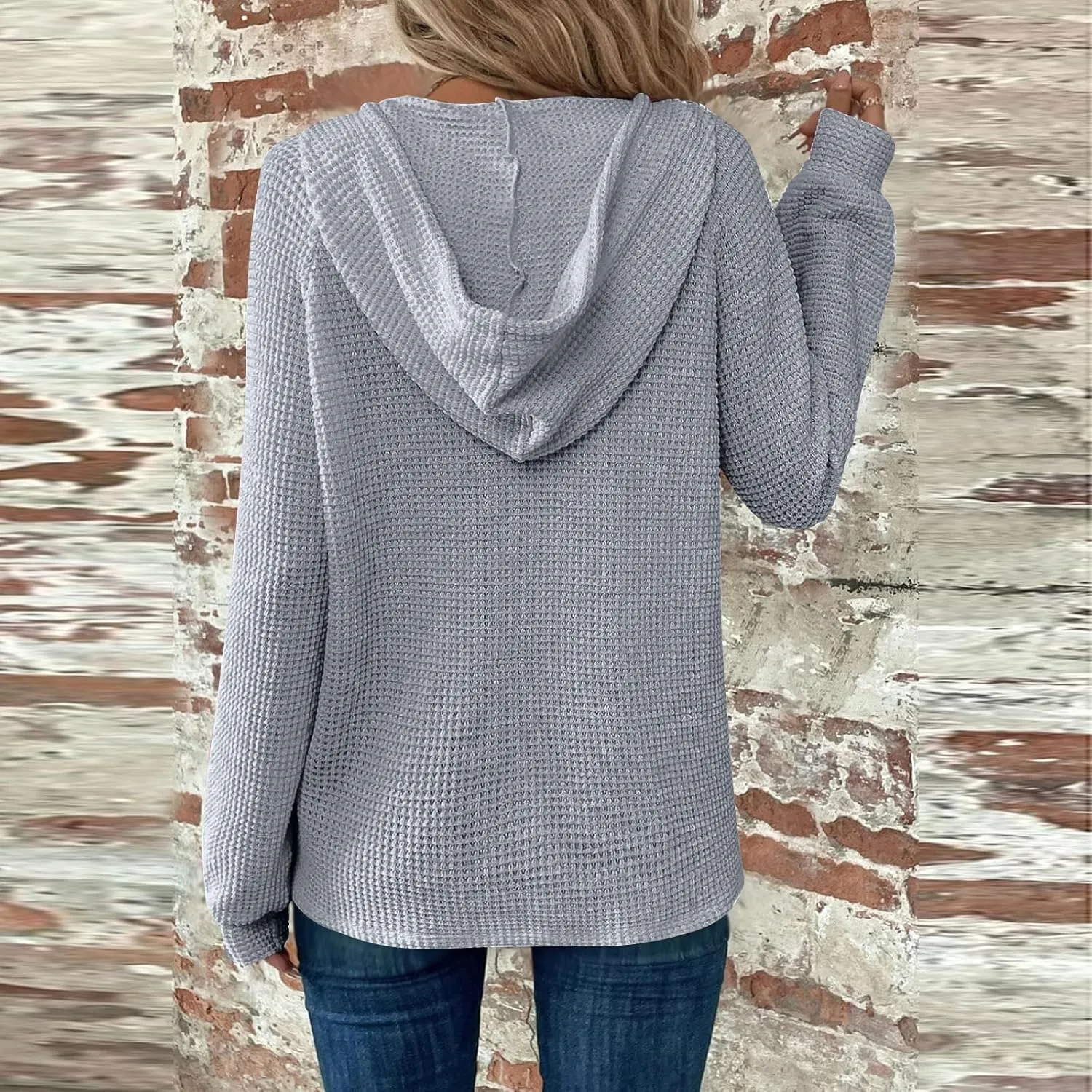 Hoodies for Women Waffle Knit Drawstring Button V Neck Pullover Sweatshirts Fall Sweaters Loose Fit Long Sleeve Tops