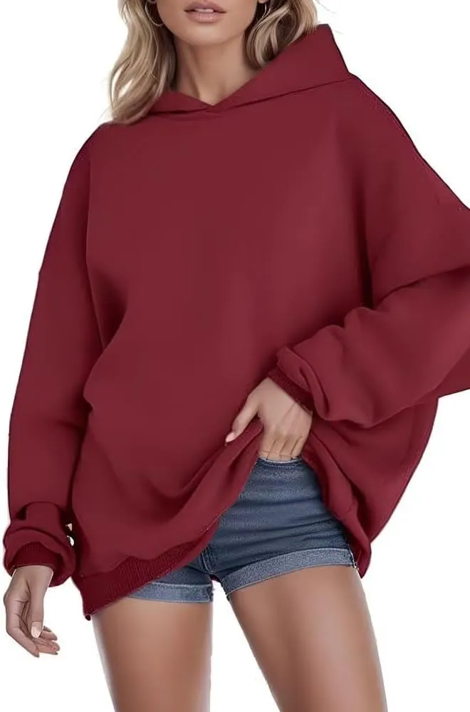 Hoodies Oversized Woman Fleece Hooded Pullover Tops Sweaters Drop Shoulder Long Sleeve Solid Color Tops for Leggings